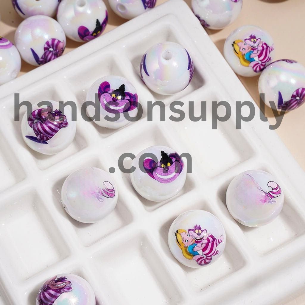 UV Coated Purple Striped Smiling Cat and Girl Character Printed Round Acrylic Beads for Bracelets, 16MM, Random Mix