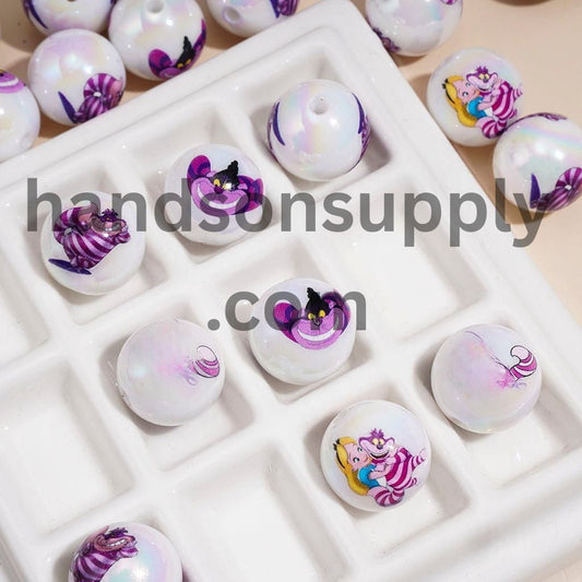 UV Coated Purple Striped Smiling Cat and Girl Character Printed Round Acrylic Beads for Bracelets, 16MM, Random Mix