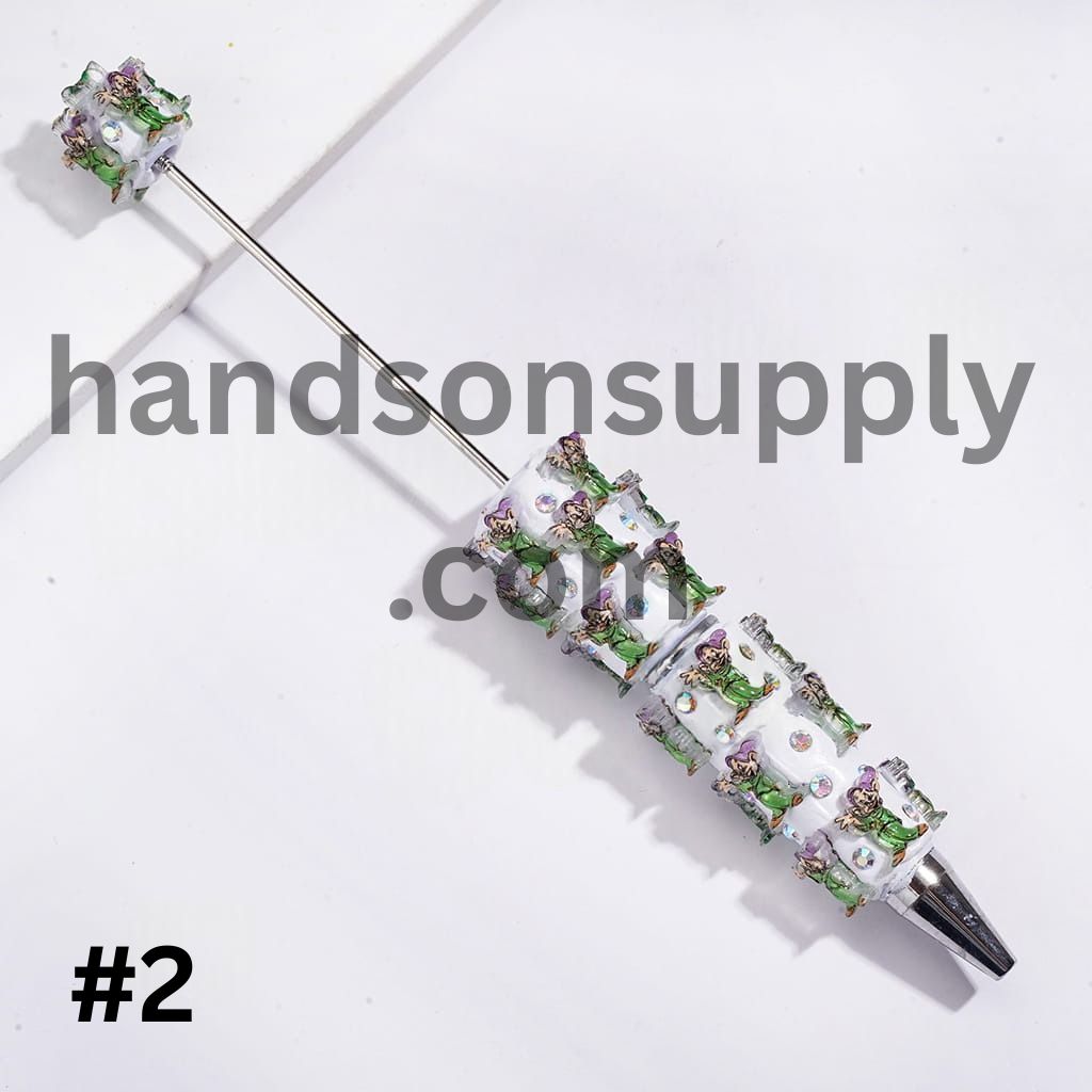 Beadable Clay Pens with White Snow Princess and Seven Gnome Elf Character, AB Rhinestones