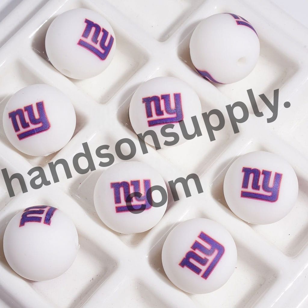 New York Football Team Logo Printed Round Silicone Beads for Bracelets, 15MM