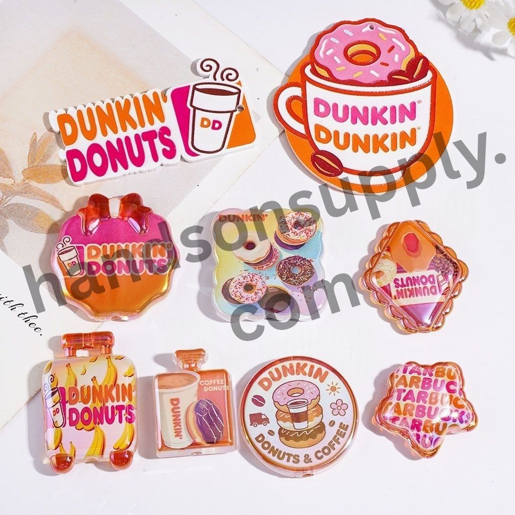 UV-Coated Coffee & Doughnut Design in Orange & Pink Acrylic Beads and Pendants, Random Mix