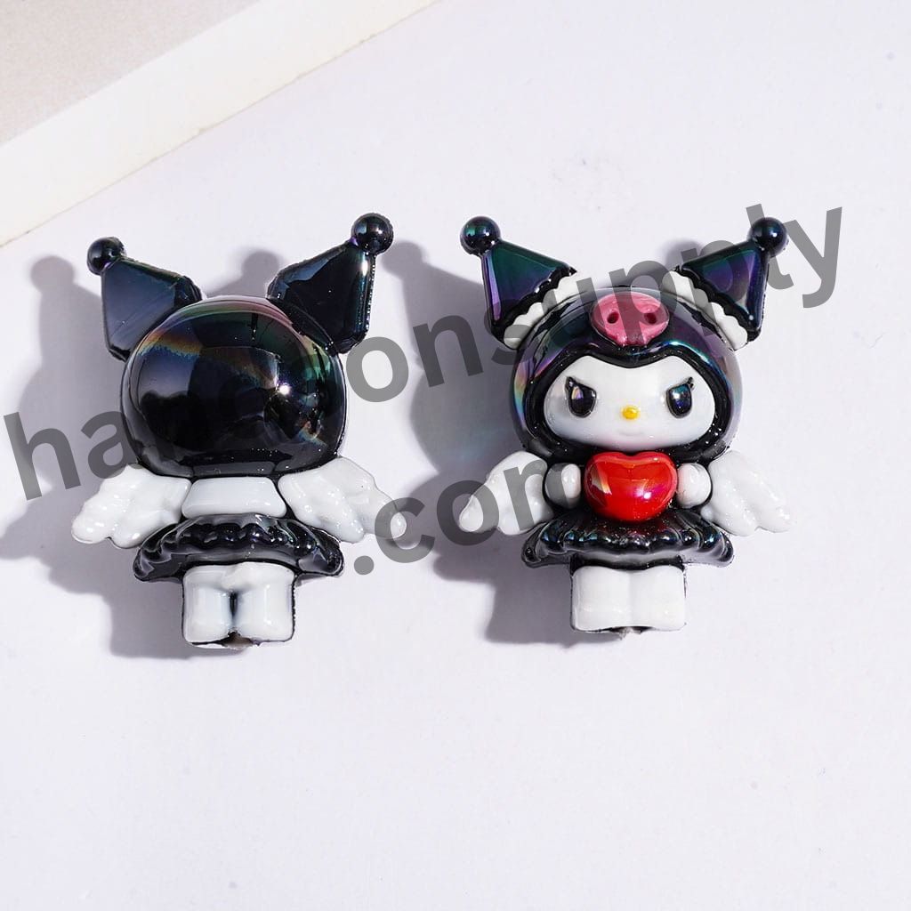 UV Coating Cute Angel & Evil Girl Character Soft PVC Rubber Beads with Wings & Heart Height 32MM, Multi-Color Random Mix