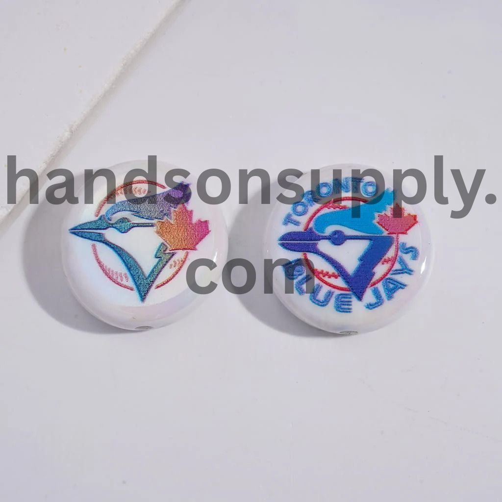 UV Coating with Sports American Baseball Series Acrylic Beads, Around 24MM, Flat Round Shape