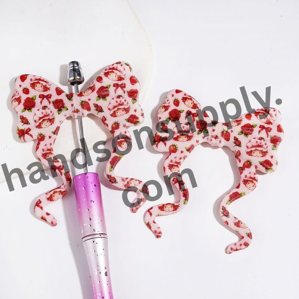 Cute Strawberry Girl & Flower Artwork Prints on Pink Bowknot with Long Ribbon Silicone Focal Beads, 59*70MM
