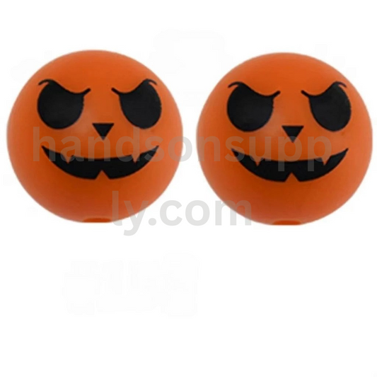Halloween Jack Face Design Orange Printed Silicone Beads 15MM Round