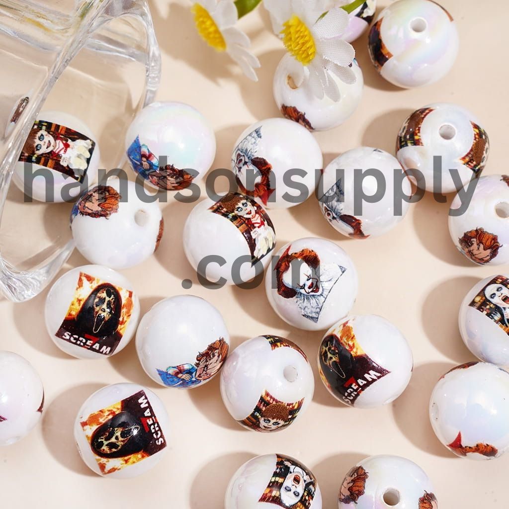 Creepy Horror Ghost Face Character Series Halloween Theme UV Coated Printed Round Acrylic Beads for Bracelets, 16MM, Random Mix