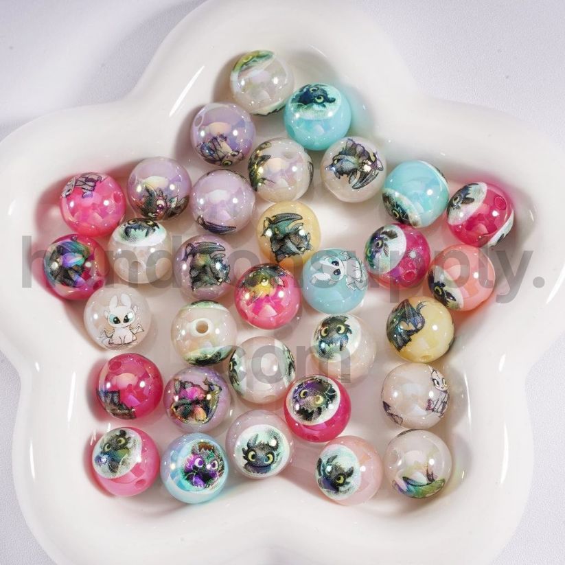 UV Coated Cute Toothless How to Train Your Dragon Prints Jelly & Clear & White Colors Round Acrylic Beads 16MM