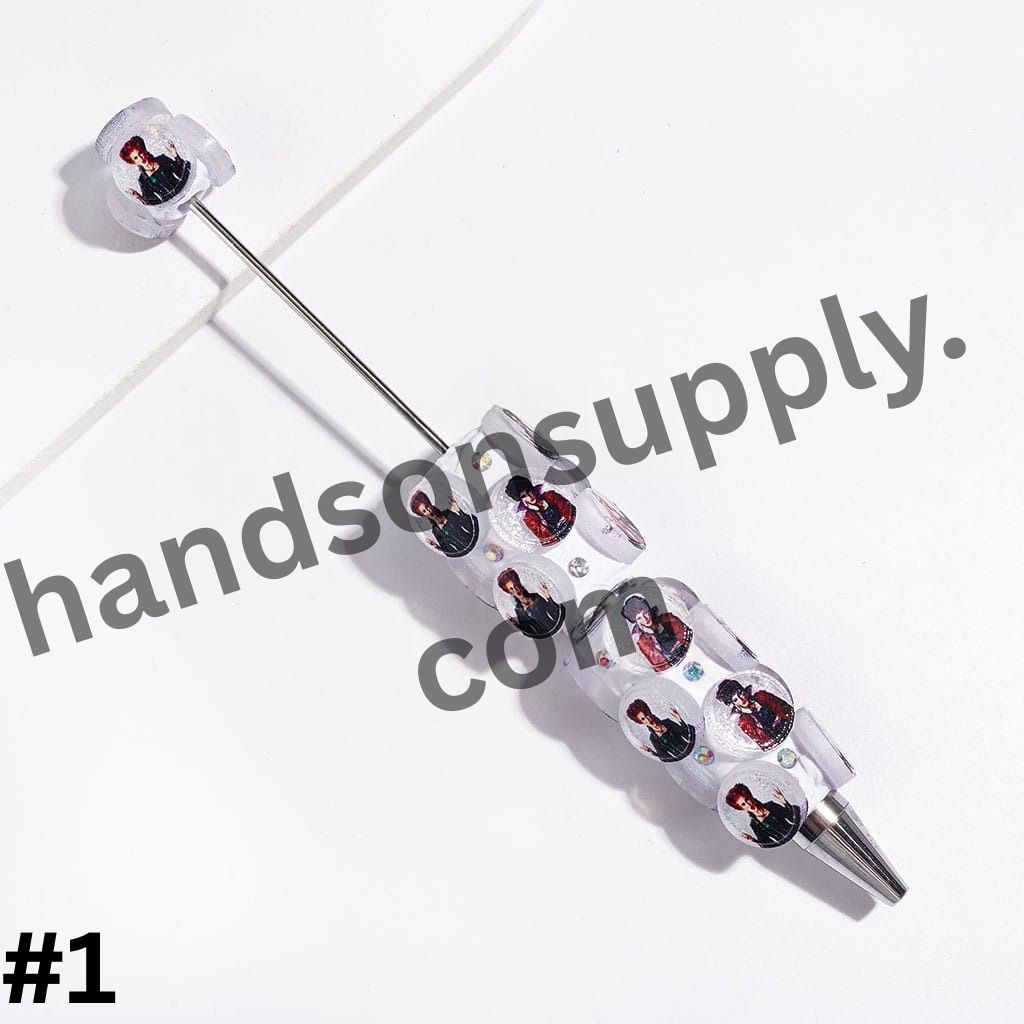 Creepy Sister Characters Printed on Glittery Rounded Pieces with Sparkling AB Rhinestones Beadable Clay Pen