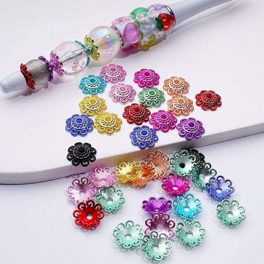 Metal Bead Cage Cap Flower Shape Multi-Color Shiny Random Mix 12mm