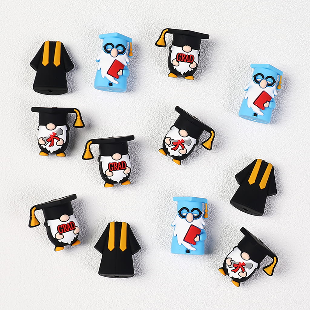 3D Adorable Graduation Gnome Character with Red “GRAD” Sign and Black Cap Silicone Focal Beads
