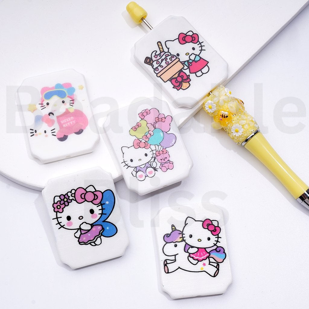 Cute Cat Character with Blue Wings Ice Cream Drives a Car Unicorn Balloons Adorable Character Rectangle Flat Acrylic Beads, Around 45*35MM
