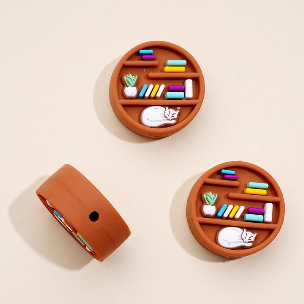 3D Cute Brown Bookshelf Bookrack Round Silicone Focal Beads