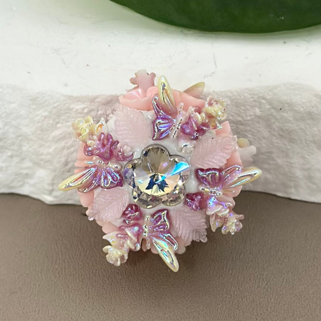 Fancy Delicate Colorful Cute Flowers and Leaves with Shiny Flower Rhinestones, White Clay Beads, Around 25mm