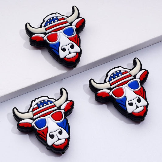 Patriotic Cow Head Silicone Focal Beads with Glasses & USA Flag Design, Ideal for 4th of July Crafts