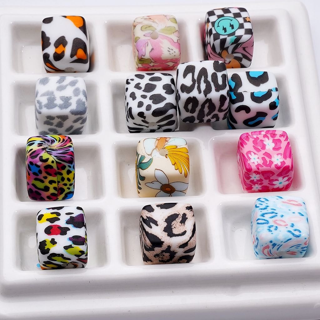 Cube Square Silicone Beads – 14MM Printed Random Mix for DIY Crafts & Jewelry