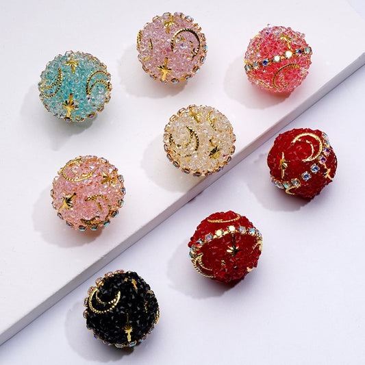 Gold Alloy Crescent Moon & Star Charm – AB Rhinestone Chain with Sugar Acrylic Beads, Approx. 16MM, Assorted Colors