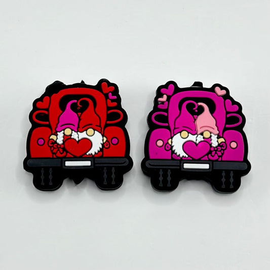 Little Two Cute Gnomes in Red & Christmas Hat Rose Red Hold a Big Red Heart Love in a Red Car Silicone Focal Beads