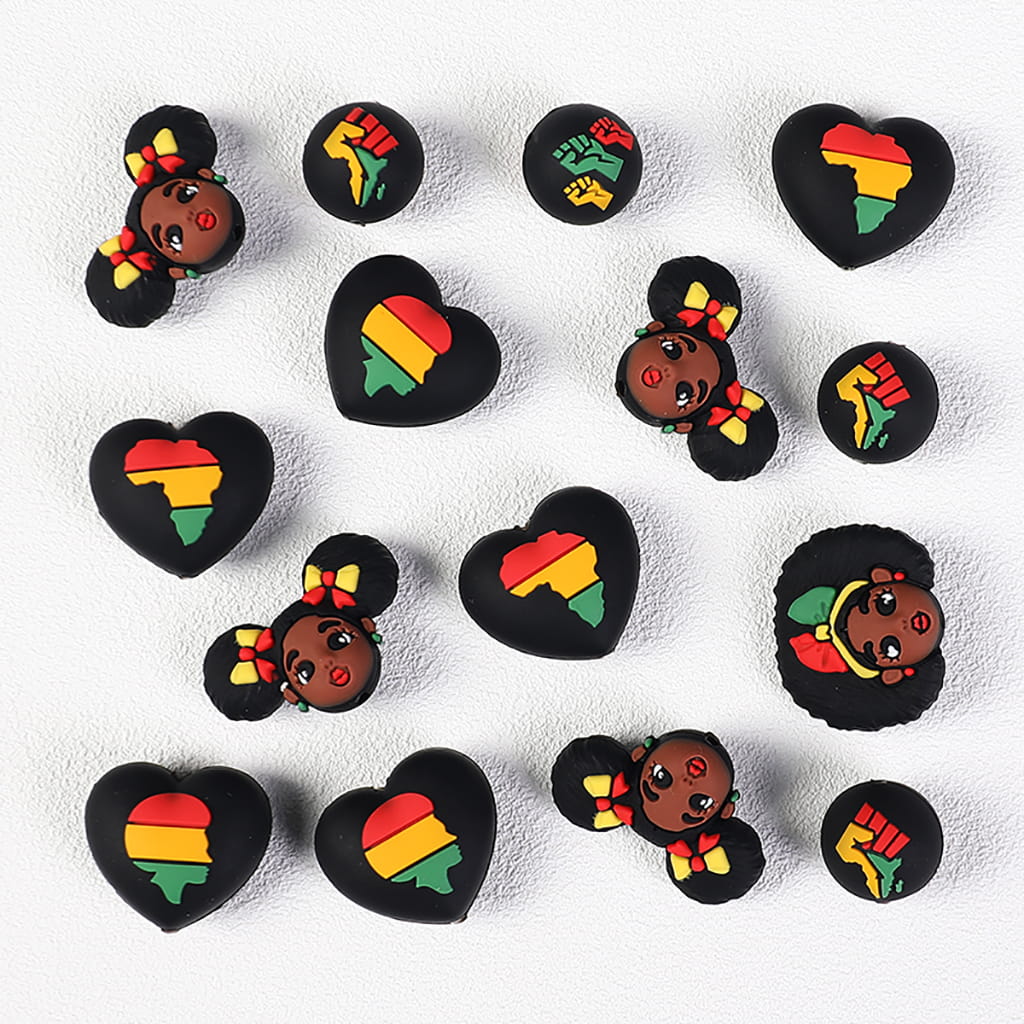 3D Black Girl Heart Round Design Black Series Silicone Focal Beads