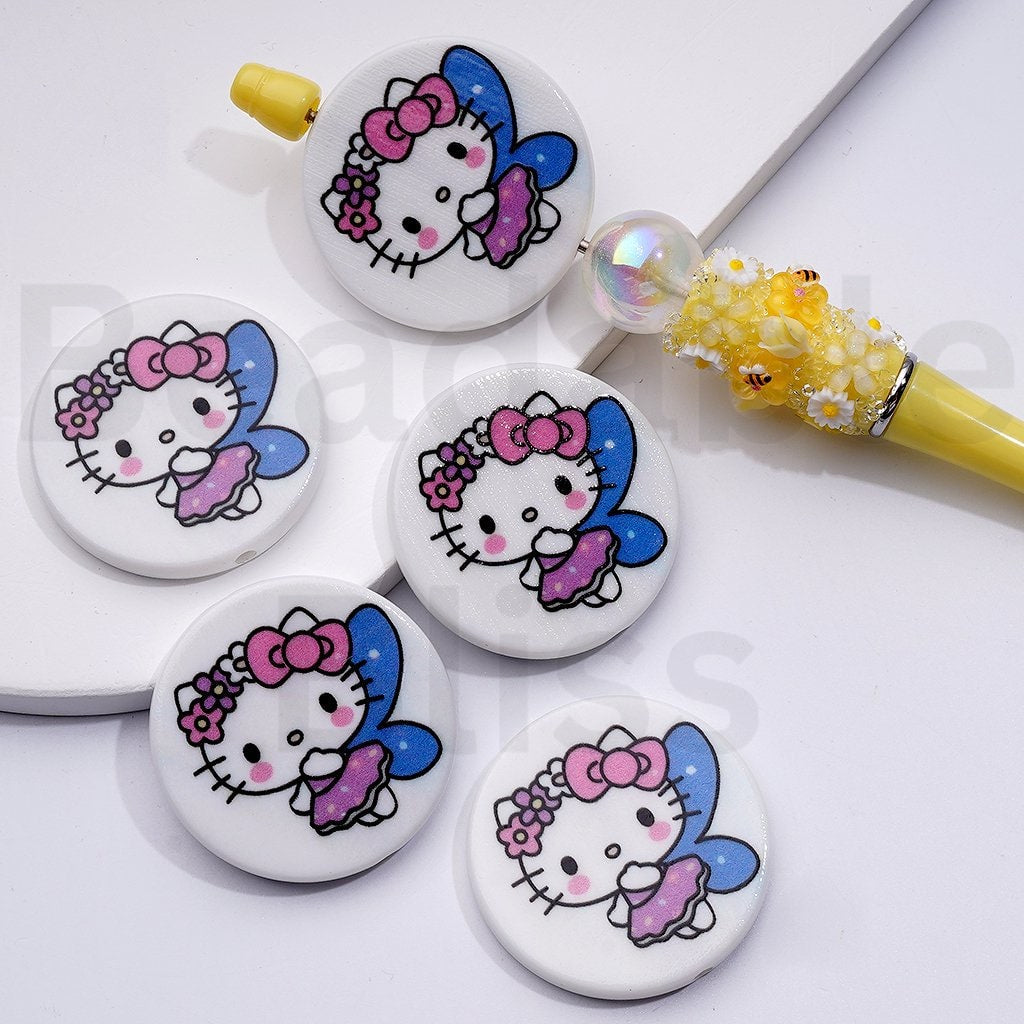 Cute Cat Character with Blue Wings Ice Cream Drives a Car Unicorn Adorable Character  Round Flat Acrylic Beads, Around 38MM
