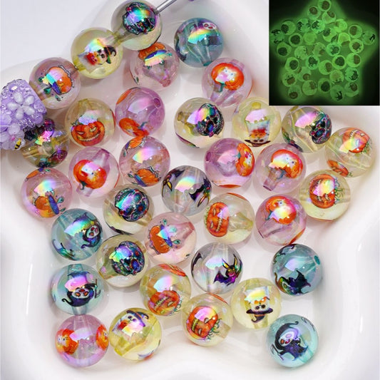 Luminous Halloween Mix with Ghost, Pumpkin, Bat, Wizard & Skeleton UV Coated Acrylic Beads 16MM
