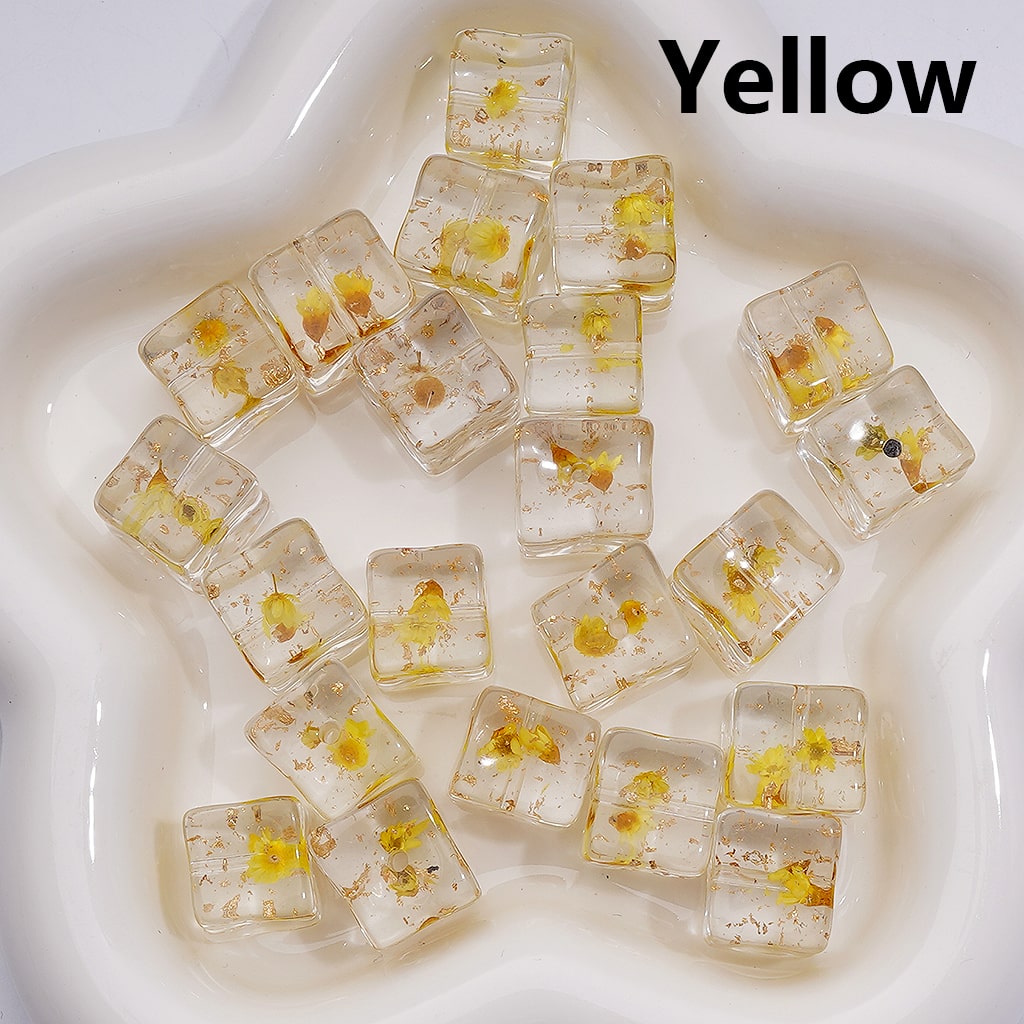 Multi-Color Clear Cube Square Acrylic Beads 14–15MM Dried Flowers Gold Foil Paper Inside (Single Color is available for 200pcs Whole bag)