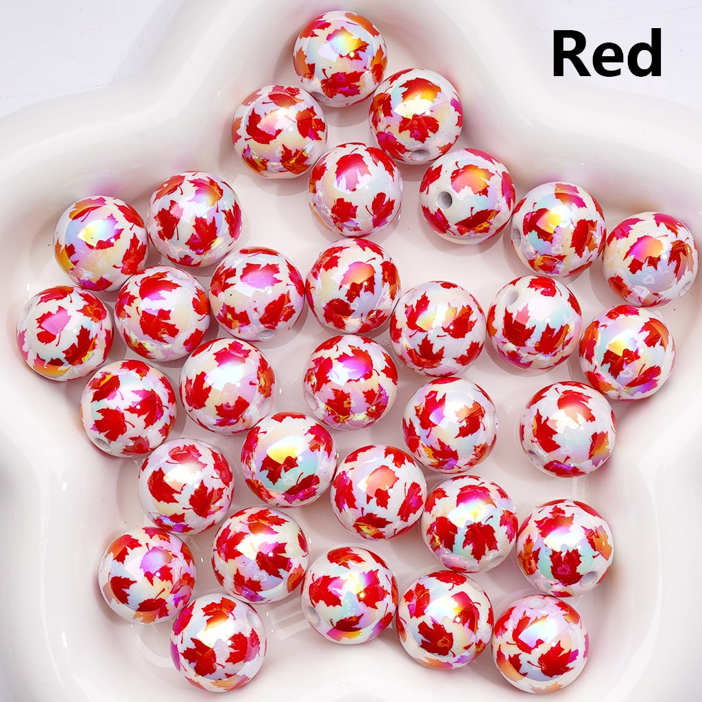 UV Coated Maple Leaf Print Multi-Color Round Acrylic Beads 16mm（Single Color is available for 200pcs(Whole Bag))