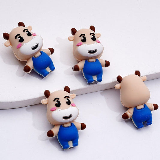 Blue Farm Animal Delight 3D Silicone Focal Beads Featuring Adorable Cow and Bull