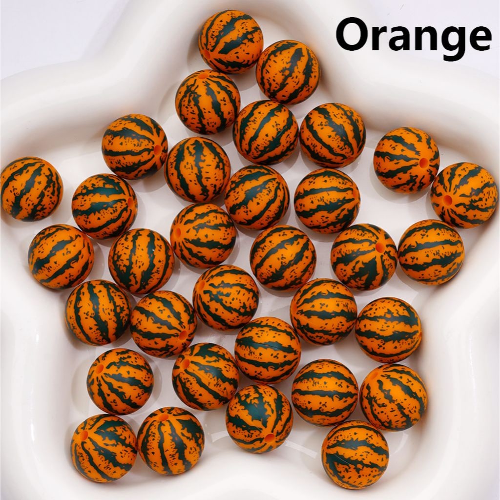Watermelon Stripe Round Printed Design Multi-Color Style Silicone Beads Z-00281 15MM