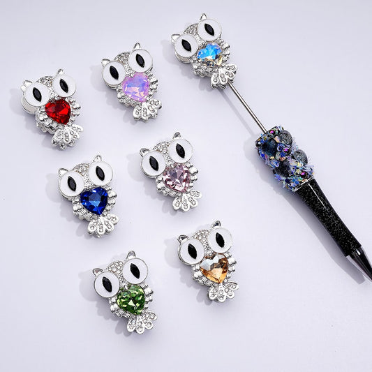 Striking Silver Alloy Owl Beads – Bold Big Eyes & Mini Clear Heart Rhinestones – Vibrant Colors – Approx. 35×25MM – Assorted Mix