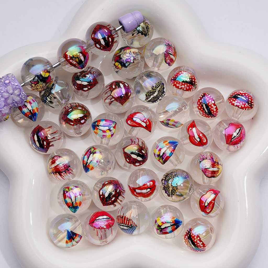 UV Coating USA America Patriotism Multi-Color Lips Jelly White Clear Round Acrylic Beads 16MM