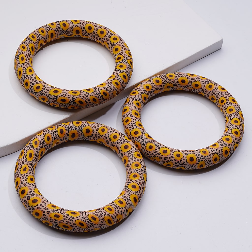 Cute Ring Frame Sun Flower Jaguar Prints Soft Car Hanger Charm Silicone Bead Circle Round 65MM
