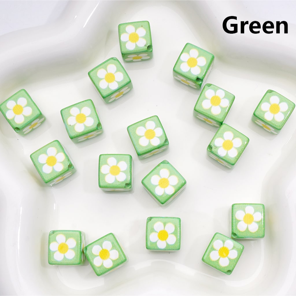 Square Cube with Mini Flowers 12MM Solid Colors Acrylic Beads Single Color Option