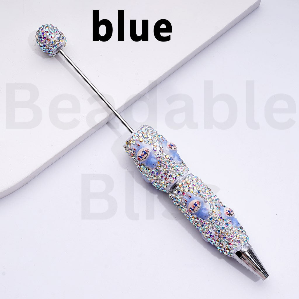 White Color Beadable Clay Pens with Cute Monster Doll AB Rhinestones Covered the Entire Pen