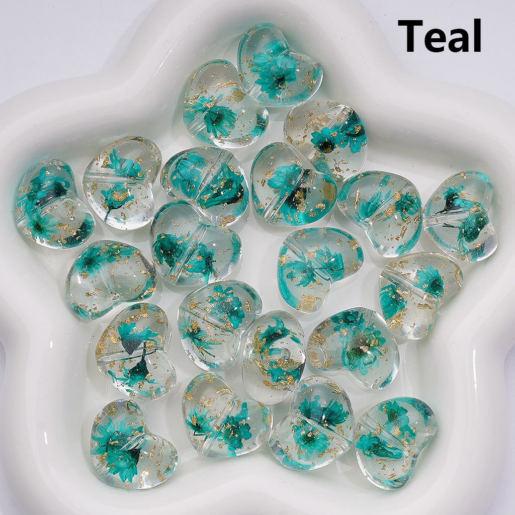 Dried Flowers Gold Foil Paper Inside Multi-Color Clear Heart Acrylic Beads 20MM (Single Color is available for 200pcs Whole bag)