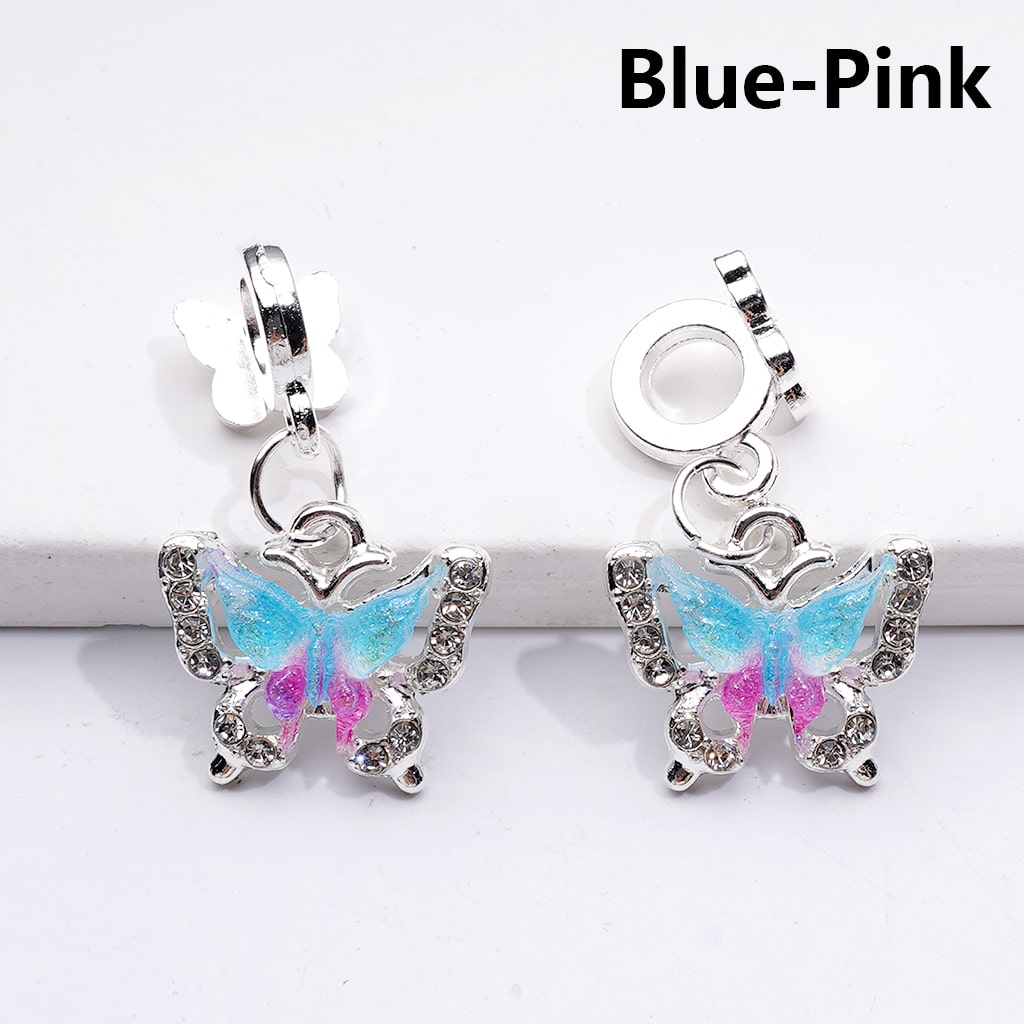 Silver Color Metal Beads with Bail Dangle Charm Pendant Jewelry Accessories Double‑Color Butterfly Rhinestones