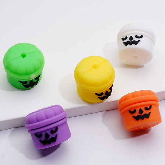 Halloween 3D Ghost Face Cylindrical Pumpkin Bucket Silicone Focal Beads