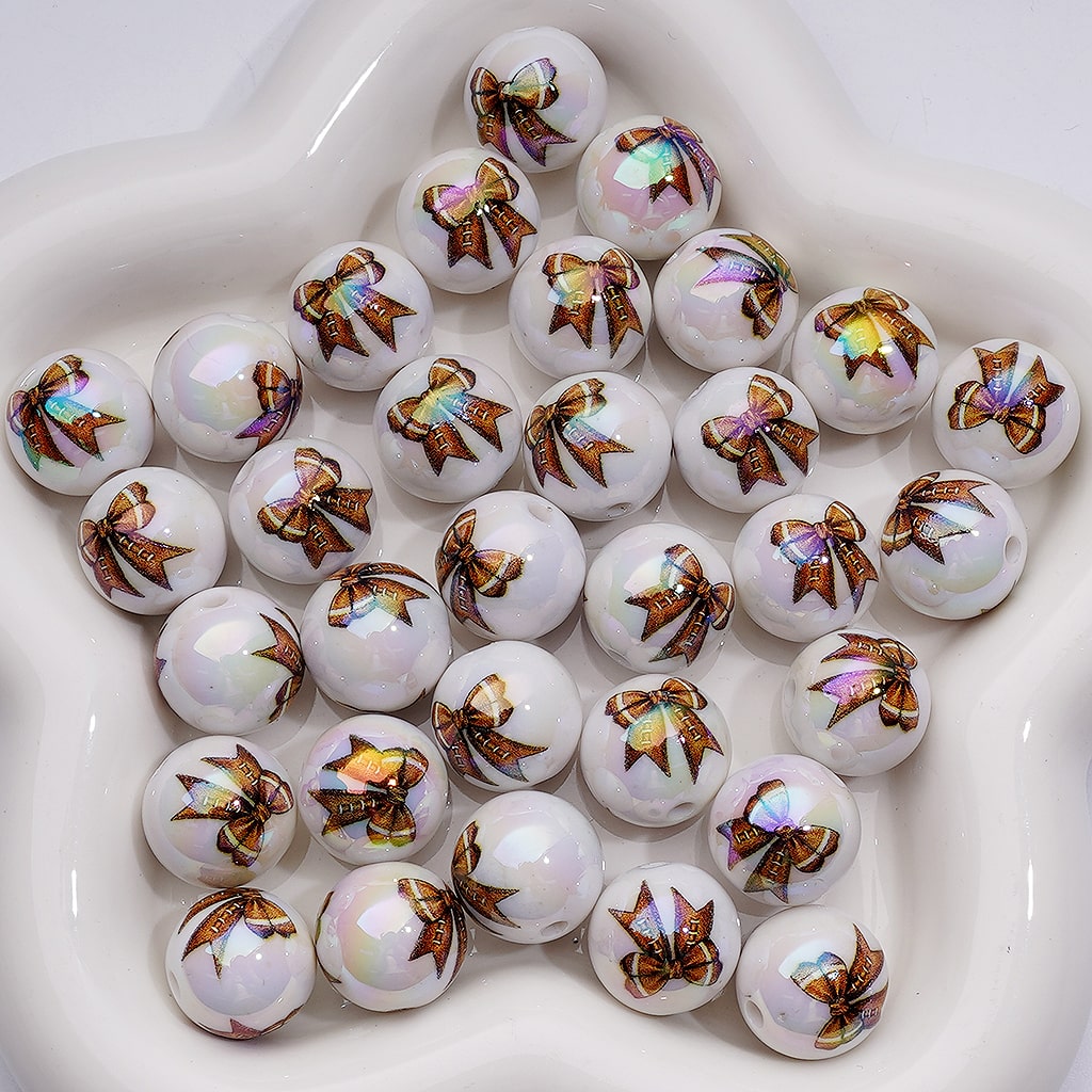 American Football Soccer Baseball Softball Basketball Volleyball Series Bowknots UV Coating White Round Acrylic Beads 16MM