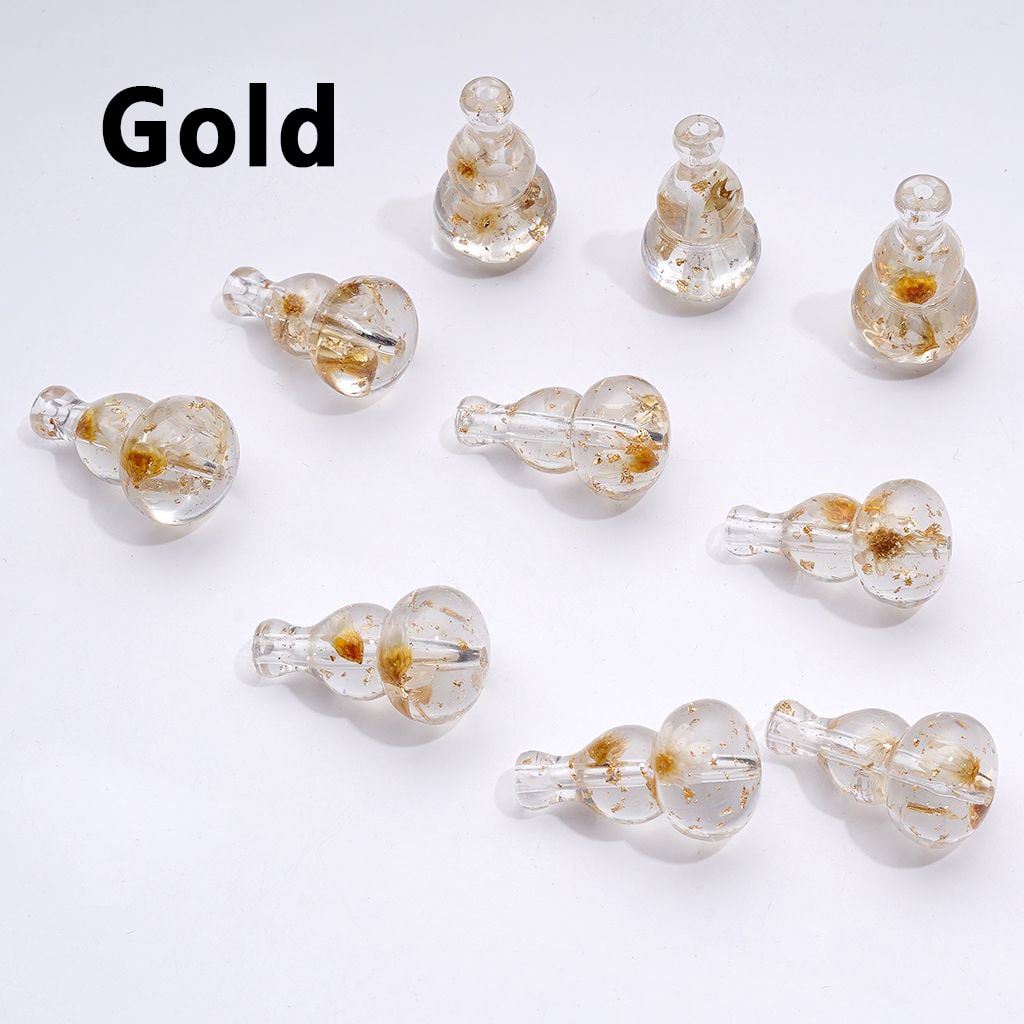 Elegant Clear Gourd-Shaped Acrylic Beads with Mini Gold Foil & Dried Flower Accent, Around 28×16MM
