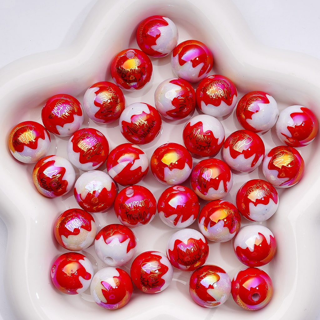 UV Coated Merry Christmas Print Red & Green on White Round Acrylic Beads 16mm