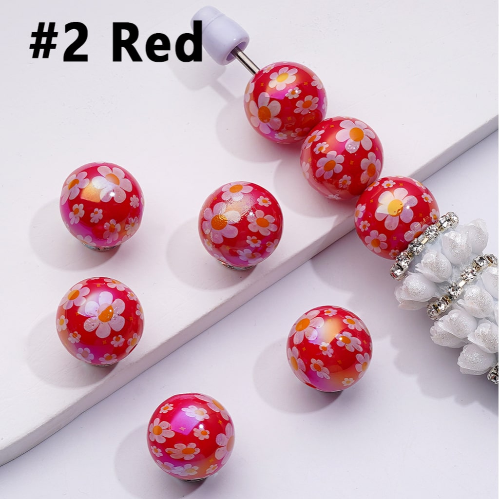 UV-Coated Acrylic Beads – Mini Floral Design in Purple, Pink & Red – 16MM Assorted Mix