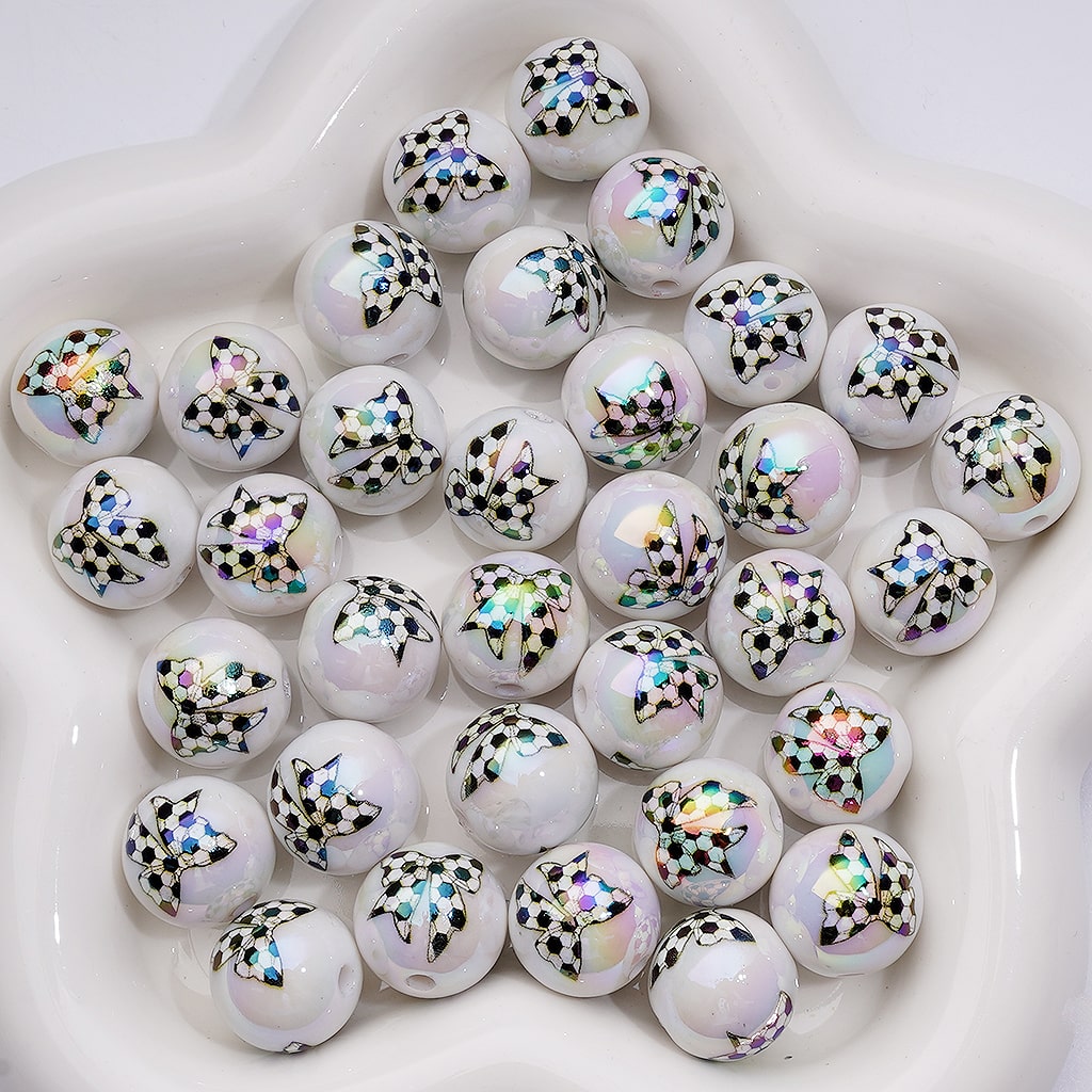 American Football Soccer Baseball Softball Basketball Volleyball Series Bowknots UV Coating White Round Acrylic Beads 16MM