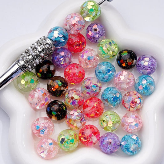 UV Coating Round Acrylic Beads Multi-Color Shiny Heart Flakes Inside 16MM