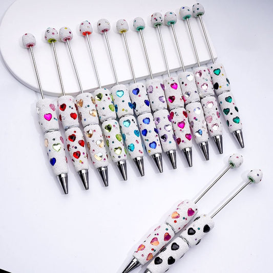 Elegant Beadable Heart Pen – Solid Colors with Sparkling Rhinestones & Mini Snow Balls