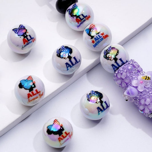 All American Girls Patriotism USA American UV Coating National Flag Bowknot White Round Acrylic Beads, 16MM, Random Mix