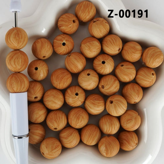 Round Printed Light Brown Wood Grain Silicone Beads 15mm, Number Z-00191