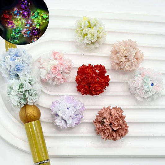 Cute Ombre Luminous Colorful Flowers with AB Rhinestones, Round Clay Beads, Random Mix, Around 24MM