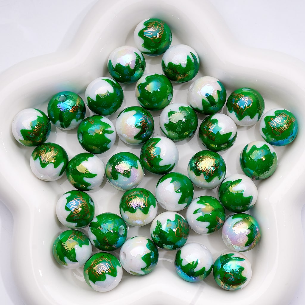 UV Coated Merry Christmas Print Red & Green on White Round Acrylic Beads 16mm
