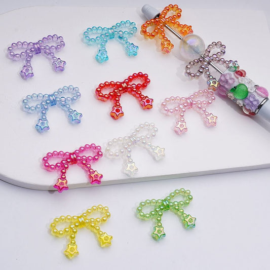 Translucent Acrylic Beads with UV Coated Pearls, Star Ring Accents and Bowknots, Around 23*33MM