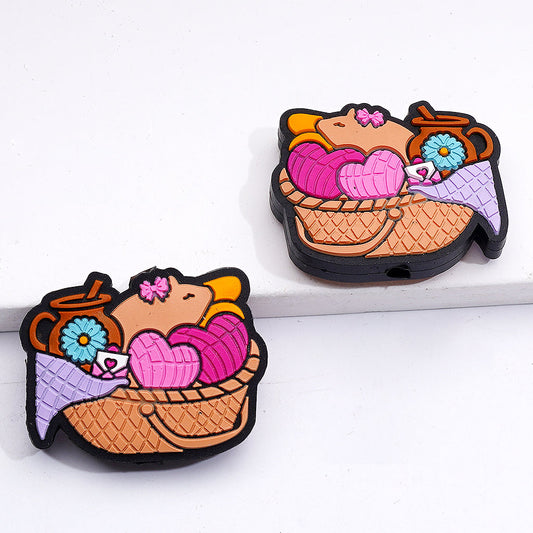 Love Hearts Envelopes of Knitting Basket and Blooming Flowers Silicone Focal Beads