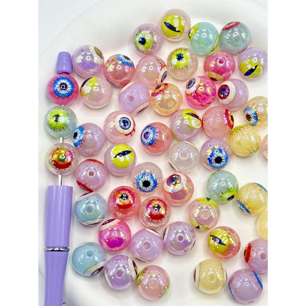 Round Scary Eye Prints Acrylic Beads in Solid Colors, Random Mix, 16MM